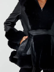 Longline Faux Fur Trim Beled PU PU