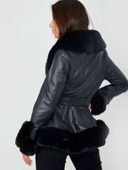 Longline Faux Fur Trim Beled PU PU