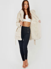Longline Faux Fur Hooded Belted PU Coat