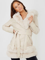 Longline Faux Fur Hooded Belted PU Coat
