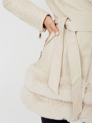 Longline Faux Fur Hooded Belted PU Coat