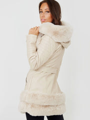 Longline Faux Fur Hooded Belted PU Coat